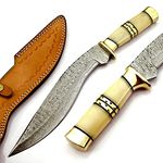 KK-0204 Handmade Kukri Knife Exotic Camel Bone and Brass Handle Damascus Steel Ladder Pattern Razor Sharp blade and Brass Spacer with Leather Sheath 17.5 inches