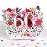 HOMANGA 60th Birthday Pop Up Card, Happy 60th Birthday Card for Her, Women, Wife, 60th Birthday Gift for Sister, Mom, Friend, Pop Up Birthday Greeting Card with Blank Note and Envelope, 15 x 20 cm