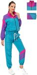 MASSWO Women 80s Sportswear Set 2 Piece Outfits Casual Sweatsuits Retro Vintage Purple Tracksuit, Cyan & Purple, Small (SB-1028)