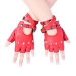 JISEN Women Punk Belt Up Half Finger PU Leather Performance Gloves Red