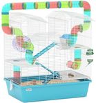 PawHut 4 Tier Hamster Cage with Tube, Exercise Wheel, Hut, Water Bottle, Food Dish, Ramps, DIY Design, Large Hamster Cage for Dwarf, Light Blue
