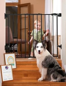 Babelio 26-43" No Bottom Bar Baby Gate for Babies, Elders and Pets, 2-in-1 Hardware Mount Dog Gate for The House, Stairs and Doorways, with Large Walk Thru Door, Black