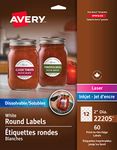 Avery Dissolvable Round Labels, 2" Round Labels, for Jars of Jam, Jelly, Marmalade, White, Wash Away Labels, 60/Pack, (22205), Made in Canada