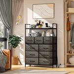 WASAGUN Dresser for Bedroom,Chest of Drawers,9 Drawer Dresser,with Storage Rack,Closet Fabric Dresser with Metal Frame,Black Dresser with Power Outlets and LED Lights,for Office,Kid Room Entry