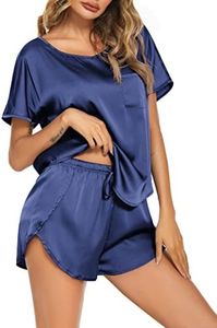 Ekouaer Pijama Mujer Verano Saten Pijama Corto Ropa de Casa Holgada Mangas Cortas y Pantalones Cortos, Azul Marino, M