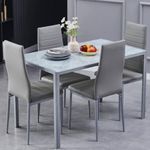 DZOVAD Dining Table and Chairs Set 4, Modern Glass Dining Table and 4 Faux Leather Chairs for Home, Living Room, Office and Café (Gray Marble/Gray, 5-Piece Set)