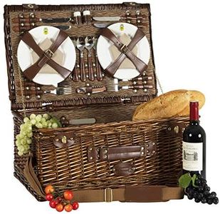 Les Jardins de la Comtesse - Panier Pique Nique Palais Royal 4 Personnes - Tissu Marron - Glacière Isotherme Amovible - Assiettes/Tasses à Café/Verres/Couverts/Tirebouchon - 56 x 37 x 26 cm