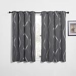 PONY DANCE Grey Blackout Curtains for Living Room - Thermal Insulated Short Eyelet Curtains for Kids Bedroom, Soundproof Silver Wave Line Foil Printed Gray Curtains, 46 x 54 Inch Drop, 2 Panels