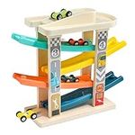 TOP BRIGHT Car Ramp Toys for 2 Year Olds - Wooden Car Toy Garage with 4 Racing Cars, Toddler Toy Kids Present for 1 Year Old Multicoloured