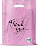 Rainbows & Lilies 100 Thank You Plastic Bags with Handles - 12"W x 15"H Thick Reusable Bulk Shopping Bags for Small Business, Retail, Boutique Shop, Clothes, Gifts, Tshirts, Goodie Party Favors (Pink)