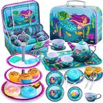 JOYIN Tea Set Toys for Girls 35Pcs Mermaid Tea Party Set for toddlers Tin Teapot Set Princess Tea Time Kitchen Pretend Play Toys for children Age 3 4 5 6 Year Old Birthday Gifts