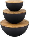 Bremel Large Black Salad Bowls with Bamboo Lids - Set of 3 Melamine Mixing Bowls for Serving Salads, Pastas, Popcorn, Chips