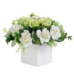 MyGift Decorative Artificial Ivory Rose Floral Arrangement in Square White Ceramic Vase