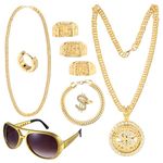 Vyuwast 8Pcs Gold Chain Fancy Dress, 80s/90s Hip Hop Fancy Dress Accessories for Women Men Kids, Hip Hop Costume Fake Gold Chain Bracelet Rings Hippie Glasses for Hippie Rapper Disco Outfit