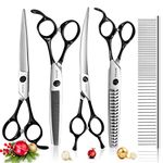 FOGOSP Professional 7" Dog Grooming Scissors Kit 4pcs, JP 440C Stainless Steel Curved Blender Straight Chunker Shears for Dog Cat and Pets (7 in Kit, Black)