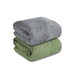 MAXOSHINE Microfiber Towels for Bath Large Size-Super Soft Coral Fleece Bathing Towel with Hook Quick Dry Super Absorbent-Bath Towel for Men and Women-70x140 cm (Green/Grey, Pack of 2)