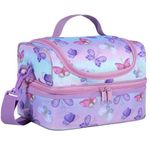 Lunch Box Bag for Girls, Kasqo Insulated Reusable Dual Decker Compartments Cooler Bag for Kids/School/Picnic/Travel Purple Butterfly