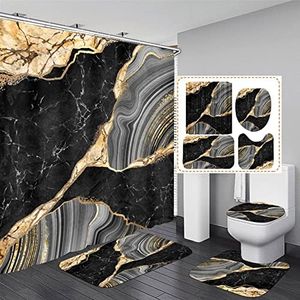 Nkzply 4 Pcs Black Marble Shower Curtain Sets with Rugs Gold Bathroom Sets with Shower Curtain and Rugs Modern Abstract Grey Bathroom Accessories Decor Shower Curtains for Bathroom Toilet Lid Cover