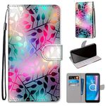 Leather Case Compatible with Alcatel 1B 2020, 3D Painted Color Leaves Case Cover with Magnetic Snap Flip Protective Cover Kickstand Card Holder Leather Wallet Case