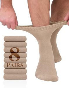 Hugh Ugoli Diabetic Socks for Men, Loose Ankle Socks Rayon, Extra-Wide, Thin, Seamless Toe and Non-Binding Top, 8 Pairs, Beige, Shoe Size: 11-13