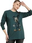 Mickey Print Full Sleeves Oversized Green T-Shirt, Loose Fit T-Shirt for Women