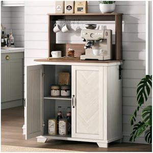 JOINICE Farmhouse Coffee Bar Cabinet with Storage and Charging, White