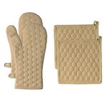 Fabstyles 100% Cotton Oven Mitts & Potholders, Set of 4, Heat Resistant and Machine Washable Kitchen Gloves for Cooking and Baking (Hexa Beige)