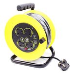 25 Metres Four Socket Open Cable Reel Extension Lead Garden Outdoor with Winding Handle 13A 4 Socket Thermal Out and Power Switch High Visibility Cable