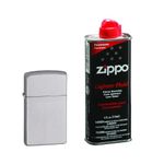 Combo of Zippo Slim Satin Chrome Windproof Pocket Lighter and 4 oz. Lighter Fluid