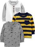 Simple Joys by Carter's Baby Boys' 3-Pack Long Sleeve Shirts, Grey Dinosaur/White/Yellow Stripe, 18 Months