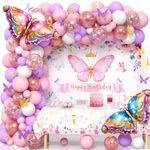 Winrayk Butterfly Party Decorations Birthday Supplies, Pink Purple Balloon Arch Kit with Backdrop Tablecloth Butterfly Wall Decor Foil Balloon, Girls Women Fairy Butterfly Theme Birthday Decorations