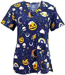 Green Town Women's Halloween Spooky Scrub Tops, Nighttime Navy, X-Large