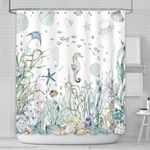 AIBIIN 180x180cm Ocean Shower Curtain Under The Sea Theme Starfish Seashells Decor pattern for Bathroom Waterproof Durable Polyester Material With 12 Hooks