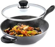 GOURMEX 32cm Induction Stir Fry Wok Pan | Black with Nonstick Coating | Deep Fryer Skillet for Sauteing, Steaming, Smoking and Boiling | Compatible with All Heat Sources (32cm Wok Pan)