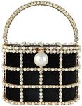 Boutique De FGG Evening Handbags with Pearl Rhinestones Wedding Bucket Totes Bags Party Crystal Clutch Purses,Black,Small