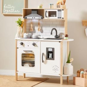 Tiny Land Play Kitchen for Kids, Wooden Kids Play Kitchen Playset Chef Pretend Play Set for Toddlers with Real Lights & Sounds, Toys Kitchen with 18 Pcs Toy Food & Cookware Accessories
