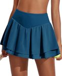 PINSPARK Pleated Tennis Skirts for Women Double Ruffle Athletic Performance Skirts High Waisted Workout Mini Skorts, Dark Blue XL