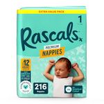 Rascals Premium Nappies丨Size 1丨Total 216 Nappies丨Absorbent丨infant丨overnight Diapers Dry and Gentle Diapers nighttime丨4 Layers of Protection and Feather-Soft Materials (Size 1)