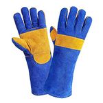 RHINRS Multipurpose Leather Gloves for Animal Handling for Safety from Dogs, Cat, Birds & for Industrial Use (16 Inches, Blue Yellow)