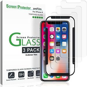 amFilm (3-Pack iPhone XS/X Screen Protector, 0.26mm 9H Tempered Glass Screen Protector with Easy Installation Tray for Apple iPhone 10.