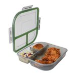 MyGo Container Large To-Go 3-Compartment Food Container, 9-3/8" X 9-3/8" X 2-1/2", Reusable, Microwave Safe, NSF Certified, Smoke/Green