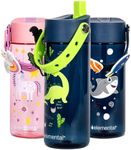 Elemental Leak Proof Water Bottles for Kids - Splash Kids Water Bottle for School with Fun Charm Handle - BPA Free Tritan Plastic Reusable Water Bottle with Straw - Dinosaur Friends - 18oz