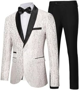 LiveZou Men's Floral Dinner Party Prom Wedding Stylish Tuxedo Suits for Men One Button Dinner Jacket Pants Set, White-2 Pieces, XX-Large