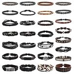 FUNRUN JEWELRY 29 Pcs Black Leather Bracelet Set for Men Women Cross Feather Charm Wide Wristband Brown Wood Wooden Beads Braided Woven Ethnic Tribal Bangle Set Adjustable Woven Cuff Bracelets