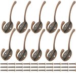 Beilala 10 Pack Double Coat Hooks for Wall Door with Screws Antique Robe Hook for Clothes, Hat, Scarf, Bag, Towel, Key, Cup, Cap (Copper)