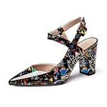 WAYDERNS Women's Patent Buckle Slingback Ankle Strap Pointed Toe Block High Heel Pumps Party Dress Shoes 3.5 Inch, Black Pattern, 12