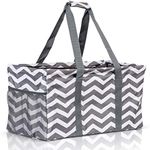 Lucazzi Extra Large Utility Tote Bag - Oversized Collapsible Reusable Wire Frame Rectangular Canvas Basket With Two Exterior Pockets For Beach, Pool, Laundry, Car Trunk, Storage - Chevron Gray