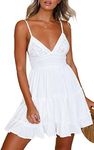 ECOWISH Summer Dresses for Women 2025 V-Neck Spaghetti Strap Bowknot Backless Sleeveless Lace Mini Swing Skater Dress White Large