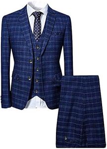 Mens 3 Piece Slim Fit Checked Suit Blue/Black Single Breasted Vintage Suits, Blue, Medium