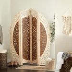 Lucky Lumber Living Room Partition Room Divider Screen Foldable Arched Partition 4 Panel Privacy Screen with Intricately Carved Designs, Room Partition White Antique Golden Shade Brown